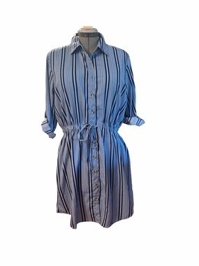 Blue Striped Button-Front Mini Dress with Drawstring Waist